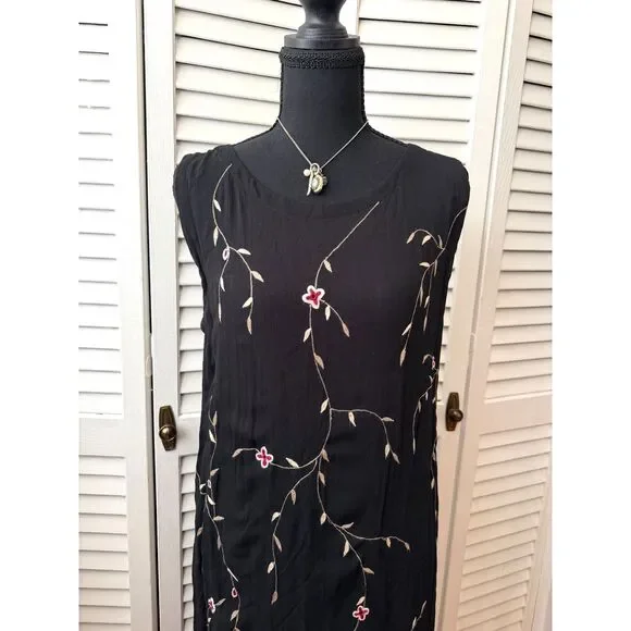 Vtg 90s Whimsigoth Fairy Grunge Black Sleeveless Floral Embroidered Maxi Dress M - Picture 2 of 5